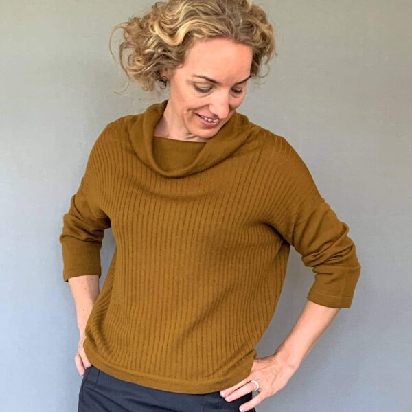 Casual no2 ocher Knitwear for women - handmade in Italy Knit blouse, Casual no. 2 ochre from Hanne Linding in merino wool. Ochre knit sweater, casual fit.
