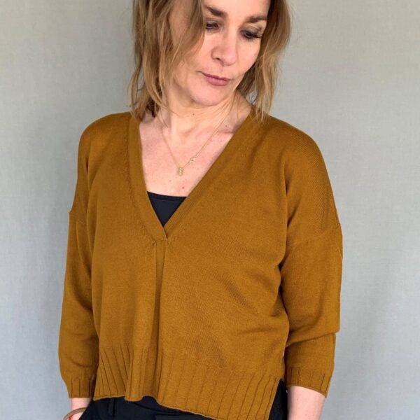 V neck sweater ocre Knitwear for women - handmade in Italy Knit blouse, Casual no. 4 ochre: Ochre knitwear from Hanne Linding, casual Danish design.