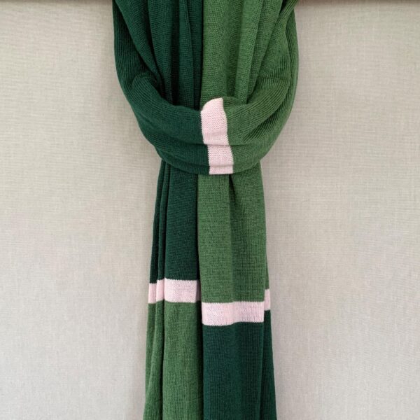 Knit scarf Accessory no. 3: Green/dark green and pink knit from Hanne Linding, Danish design with powder-colored stripes.