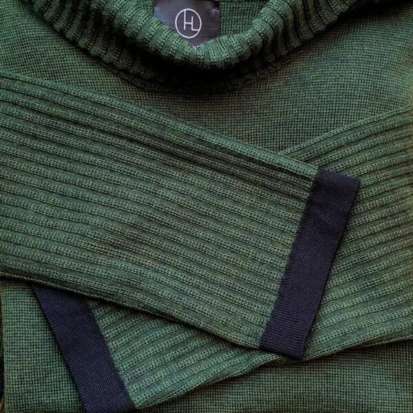 IMG 3204 002 Knitwear for women - handmade in Italy Knit dress, With a Twist no. 4 dark green. Quality knit from Hanne Linding, Danish design, green knit dress with rib and black detail.